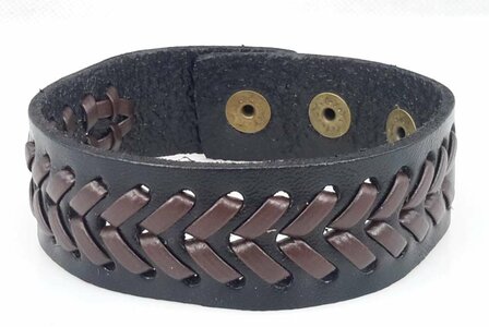 Half brede Leren armband, glad, V-vlecht, zwart, per 3