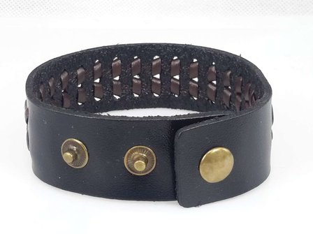 Half brede Leren armband, glad, V-vlecht, zwart, per 3