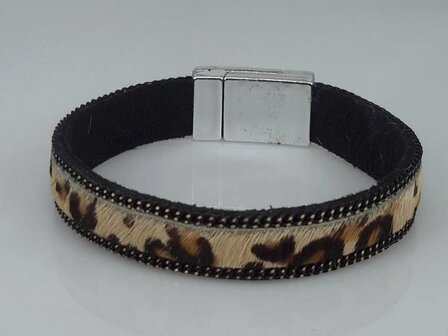 Suede Armband zwart, luipaardprint bruin, magneetsluiting