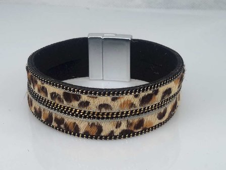 Suede Armband zwart dubbel, luipaardprint bruin, magneetsluiting