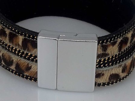 Suede Armband zwart dubbel, luipaardprint bruin, magneetsluiting