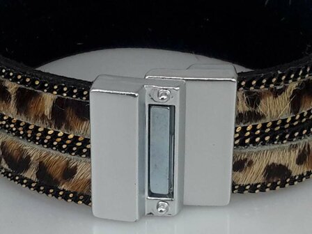 Suede Armband zwart dubbel, luipaardprint bruin, magneetsluiting