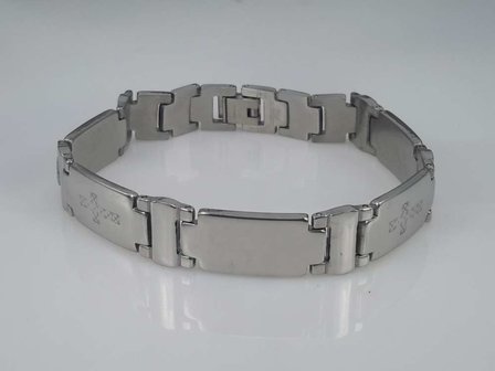 Edelstaal schakelarmband, 5 lange plaat, 2 kruizen