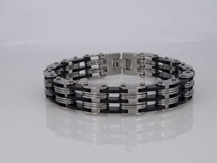 Edelstaal armband, breed, schakel, metaal en zwart rubber