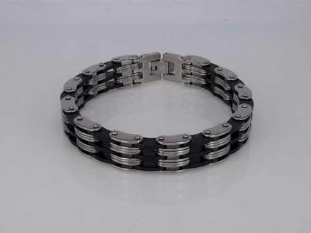 Edelstaal armband, breed, schakel, metaal en zwart rubber