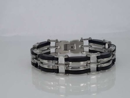 Edelstaal armband, breed, schakel, metaal en zwart rubberen losse schakels