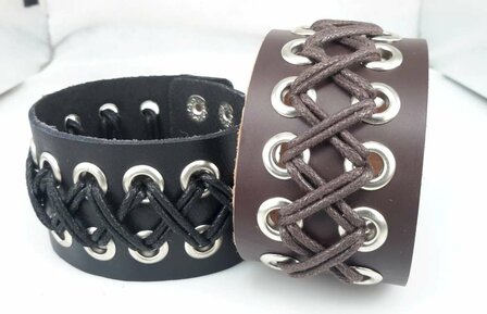 Brede Leren Armband, geveterd, bruin of zwart