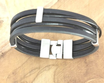 Armband, zwart leer, anker sluiting edelstaal