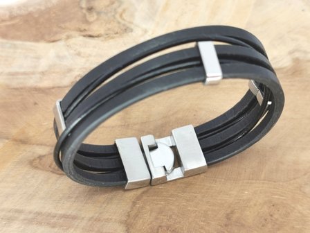 Armband, zwart leer, anker sluiting edelstaal