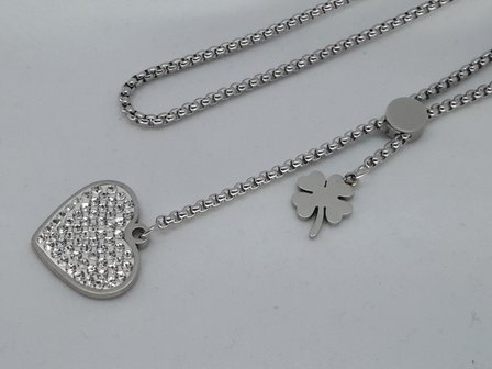 schakelketting lang, vierkant, hart, klavervier, strass, edelstaal