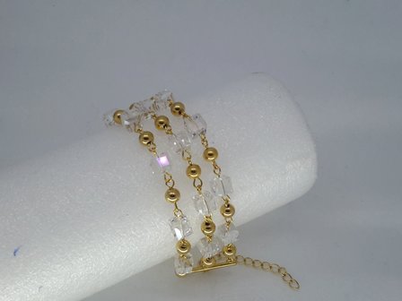 ketting &amp; armband goud kleur, kristalblok, kogeltje, edelstaalset