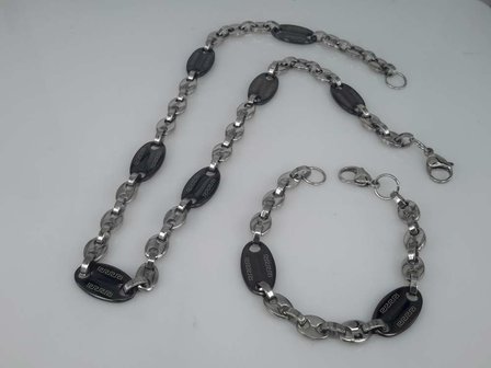 Edelstaal Konings- Armband &amp; Ketting, koffiebonen, zwarte motief boon