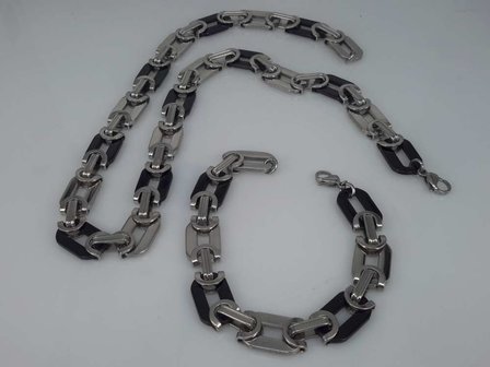 Edelstaal Konings- Armband &amp; Ketting, verschillende grove schakels, zwart ring