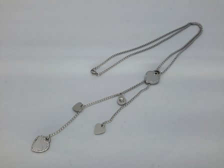 schakelketting lang, vierkant, harten strass, ketting, hartjes, edelstaal