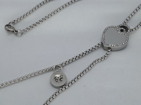 schakelketting lang, vierkant, harten strass, ketting, hartjes, edelstaal