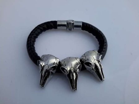 PU leren armband, rond, 3 metalen buffelschedel hangertjes, zwart 