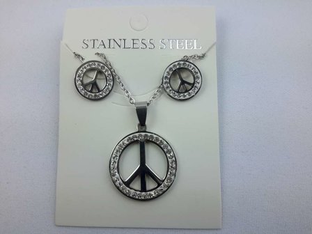 Set edelstaal sieraden peace met strasse steentjes.