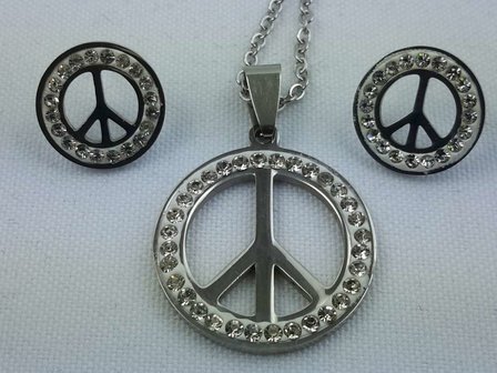 Set edelstaal sieraden peace met strasse steentjes.