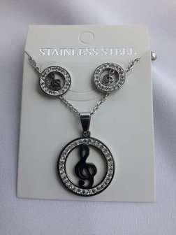 Set edelstaal sieraden muzieknoot met strasse steentjes.