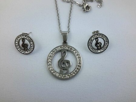 Set edelstaal sieraden muzieknoot met strasse steentjes.