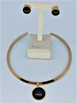 Goldfarbige Edelstahl Chokerset mit Kette und Ohrstecher, katzenauge