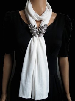 Broche voor sjaal, Vlinder, antiek zilver kleur, vol strass steentjes.