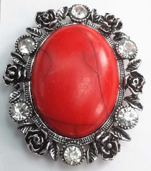 Magnet Brosche, oval, metall, Florets, rotes Howlith-Edelstein.