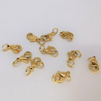 Karabinerverschluss 6er Set goldfarbener Edelstahl, 12 mm inkl. 2 offenen Ringen &agrave; 4 mm.