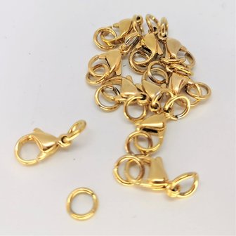 Karabinerverschluss 6er Set goldfarbener Edelstahl, 12 mm inkl. 2 offenen Ringen &agrave; 4 mm.