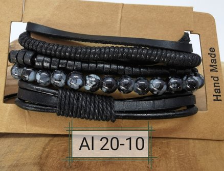 Armband trekkoord /elastiek leer/kralen, zwart/grijs, 4-delig