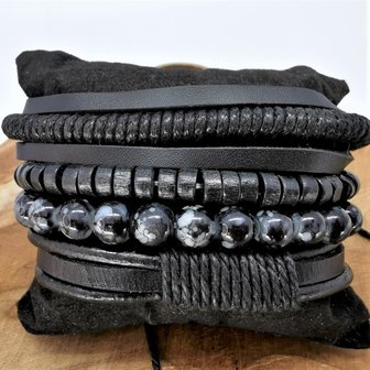 Armband Kordelzug / elastisches Leder / Perlen, schwarz / grau, 4-teilig