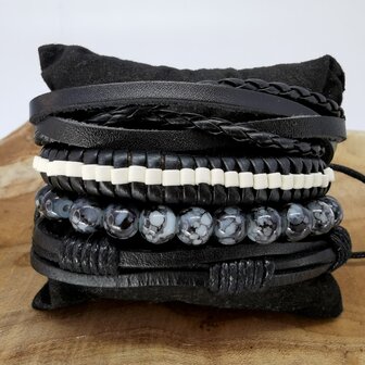 Armband Kordelzug / elastisches Leder / Perlen, schwarz / grau / wei&szlig;, 4-teilig