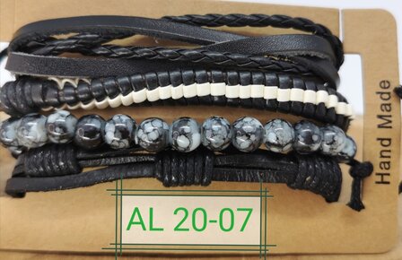 Armband Kordelzug / elastisches Leder / Perlen, schwarz / grau / wei&szlig;, 4-teilig