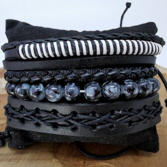 Armband Kordelzug / elastisches Leder / Perlen, schwarz / grau / wei&szlig;, 4-teilig