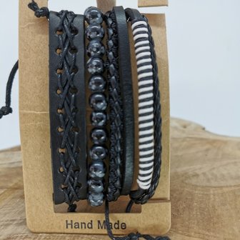 Armband Kordelzug / elastisches Leder / Perlen, schwarz / grau / wei&szlig;, 4-teilig