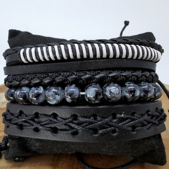 Armband Kordelzug / elastisches Leder / Perlen, schwarz / grau / wei&szlig;, 4-teilig
