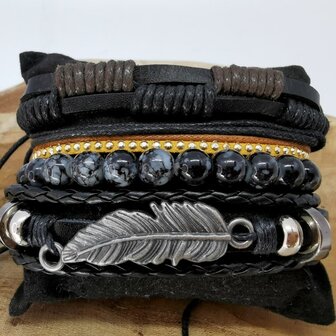 Armband Kordelzug / elastisches Leder / Perlen, schwarz / braun / grau, 4-teilig