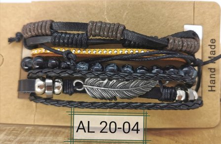 Armband trekkoord /elastiek leer/kralen, zwart/bruin/grijs, 4-delig