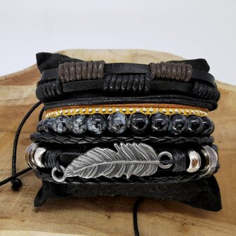 Armband Kordelzug / elastisches Leder / Perlen, schwarz / braun / grau, 4-teilig