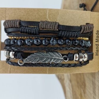 Armband trekkoord /elastiek leer/kralen, zwart/bruin/grijs, 4-delig