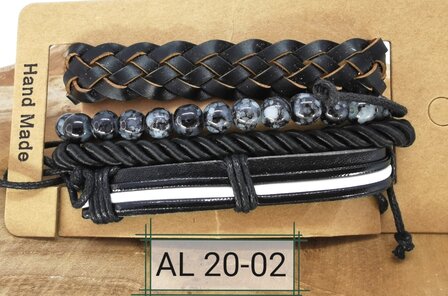 Armband Kordelzug / elastisches Leder / Perlen, schwarz / grau / wei&szlig;, 4-teilig