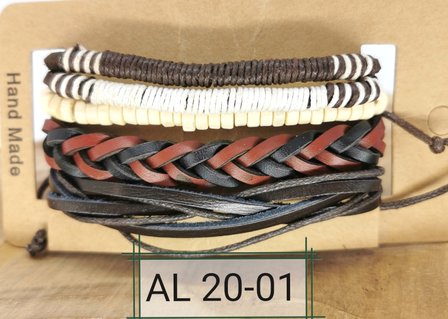 Armband Kordelzug / elastisches Leder / Holz braun / schwarz 4-teilig