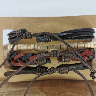 Armband trekkoord /elastiek leer/hout bruin/zwart 4-delig