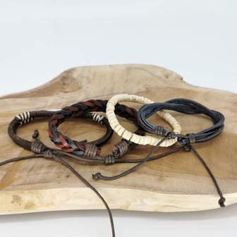 Armband trekkoord /elastiek leer/hout bruin/zwart 4-delig