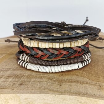 Armband trekkoord /elastiek leer/hout bruin/zwart 4-delig