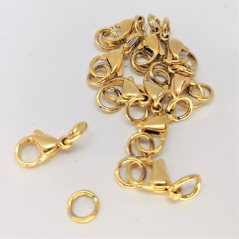 Karabijn sluiting  goudkleur 10 setje Roestvrij staal (RVS) , 12mm incl 2 open ring van 4 mm.
