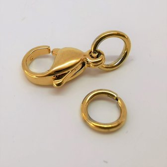 Karabinerverschluss Goldfarben 8er Set Edelstahl, 12 mm inkl. 2 offenen Ringen &agrave; 4 mm.