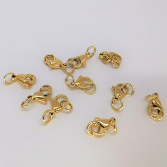 Karabinerverschluss Goldfarben 8er Set Edelstahl, 12 mm inkl. 2 offenen Ringen &agrave; 4 mm.