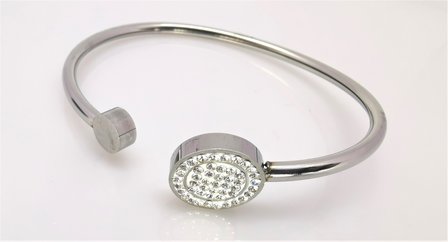 Edelstaal smalle ronde open Armband met rond strass steentjes.