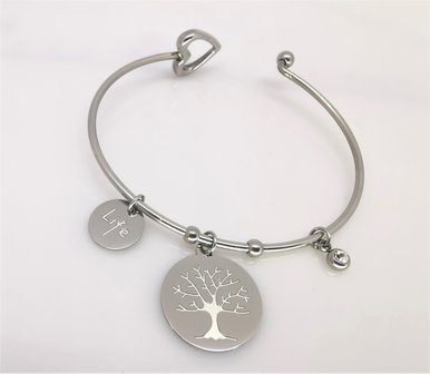 Edelstaal smalle ronde Armband met 3 bedel.